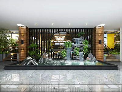 Modern Roof Garden Design With Lush Greenery Waterfall And Rockery Features 3d model