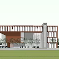 Modern Cultural Center With Red Facade Plaza People Trees And Pool