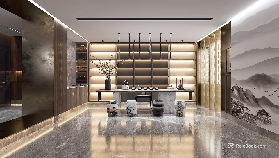Modern Tea Room Interior With Marble Floor Tea Table Wooden Shelves And Hanging Lights 3d model 