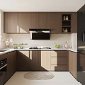 Modern Kitchen Interior With Brown Cabinets White Countertop Range Hood And Black Refrigerator