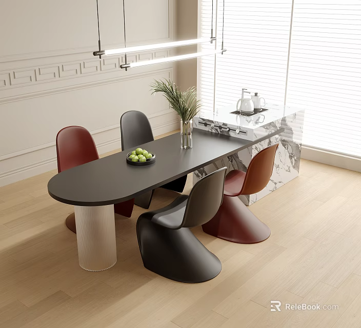 Modern Dining Interior With Black Oval Table Multicolored Chairs Marble Island Plant And Hanging Lights 3d model 