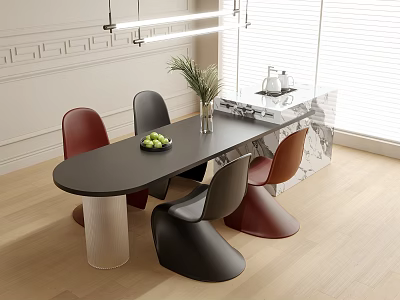 Modern Dining Interior With Black Oval Table Multicolored Chairs Marble Island Plant And Hanging Lights 3d model