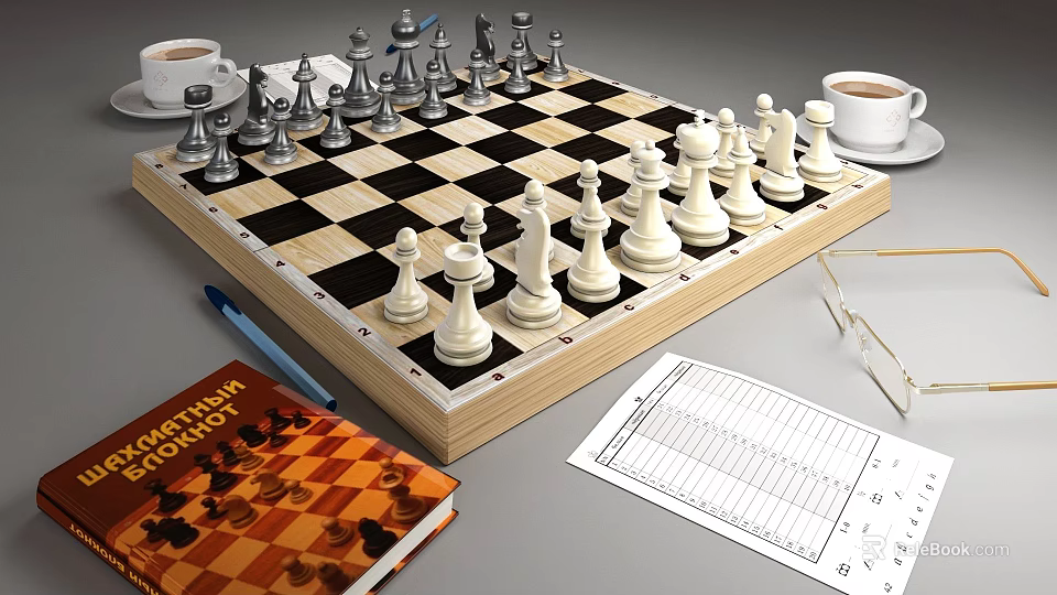 Classic Chess Set On Wooden Chessboard With Coffee Cups Notebook And Glasses 3d model 