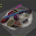 Rifle With Wooden Stock Metal Cans Bullets And Snow Like Substance Gray Background