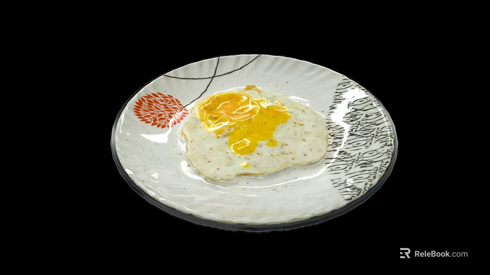 Tasty Fried Egg With Runny Yolk On White Plate With Red Floral Pattern 3d model 