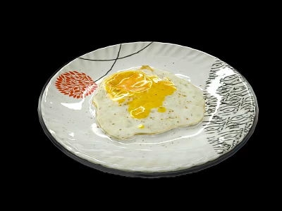 Tasty Fried Egg With Runny Yolk On White Plate With Red Floral Pattern 3d model