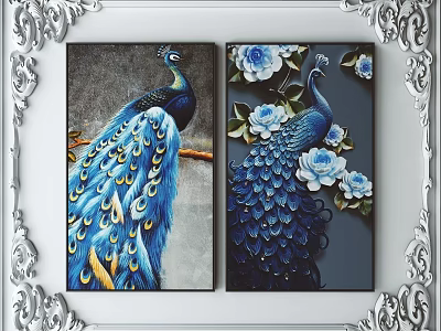 Decorative Peacock Animal Paintings with Blue Feathers Yellow Accents Blue Flowers in Ornate Silver Frames 3d model