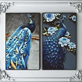 Decorative Peacock Animal Paintings with Blue Feathers Yellow Accents Blue Flowers in Ornate Silver Frames