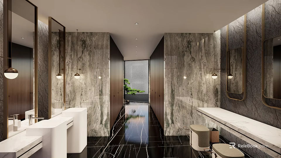 Luxury Modern Hotel Bathroom With Marble Walls Double Vanities Mirrors And Black Floor 3d model 