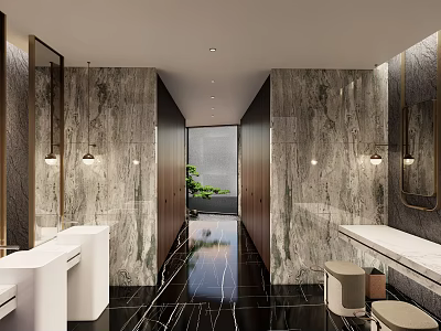 Luxury Modern Hotel Bathroom With Marble Walls Double Vanities Mirrors And Black Floor 3d model