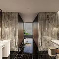 Luxury Modern Hotel Bathroom With Marble Walls Double Vanities Mirrors And Black Floor