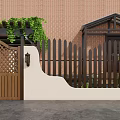 Traditional Garden Featuring Wooden Fence Gate Vines And Brick Wall