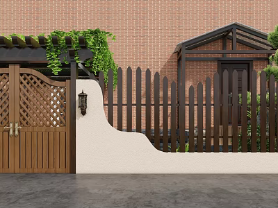 Traditional Garden Featuring Wooden Fence Gate Vines And Brick Wall 3d model