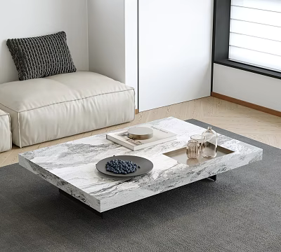 Sleek Marble Coffee Table In Modern Living Room With Decorative Plates And Glasses 3d model