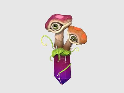 Animated Game Mushroom Characters with Eyes Pink Orange Caps Green Vines and Purple Base 3d model