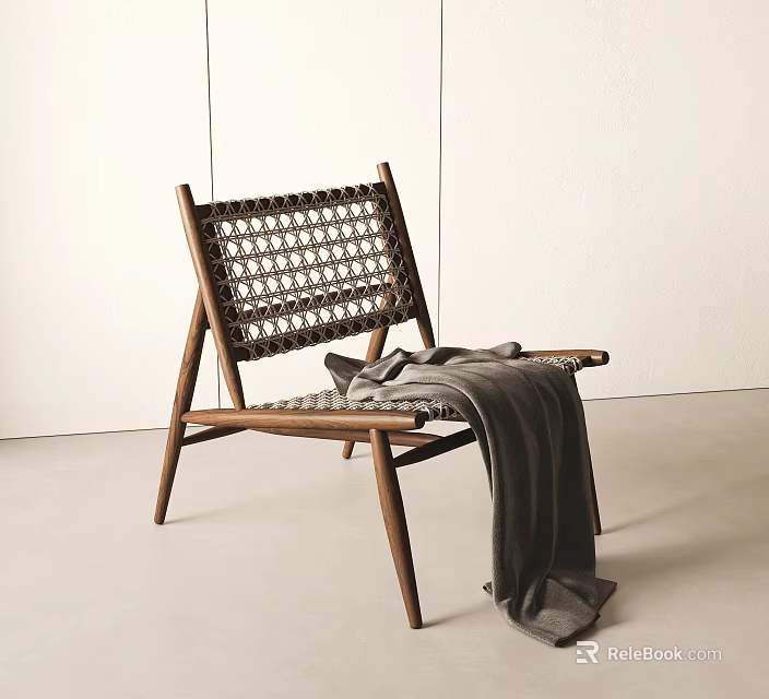 Lounge Chair Wooden Frame Woven Design With Gray Blanket Draped Over Minimalist White Wall 3d model 