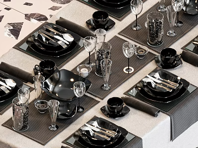 Elegant Black Dinnerware Set with Plates Bowls Cups Utensils Wine Glasses on Dining Table 3d model
