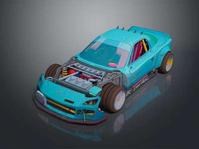 Turquoise Custom Race Car With Exposed Engine And Oversized Wheels 3d model