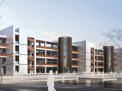 Modern School Building Exterior With Multi Story Design White Orange Facade Plaza And People Walking 3d model