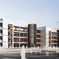 Modern School Building Exterior With Multi Story Design White Orange Facade Plaza And People Walking