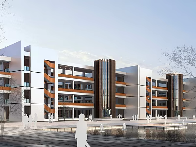 Modern School Building Exterior With Multi Story Design White Orange Facade Plaza And People Walking 3d model