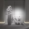 Elegant Ornament Decoration Set With Tree Shaped Sculpture Crane Figurines Stones And Bamboo Pattern Screen