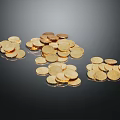 Shiny Gold Coins Scattered in Small Piles on Dark Background Surface