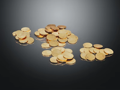 Shiny Gold Coins Scattered in Small Piles on Dark Background Surface 3d model