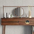 Elegant Modern Wooden Dressing Table with Round Mirror Drawers and Matching Stool