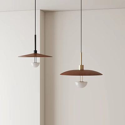 Two Pendant Lights With Black And Gold Rods Brown Shades White Bulbs Light Wall Background 3d model