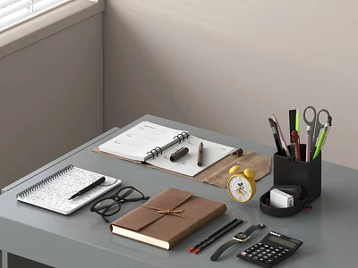 Organized Desk With Folder Notebook Pens Scissors Alarm Clock Calculator And Glasses 3d model