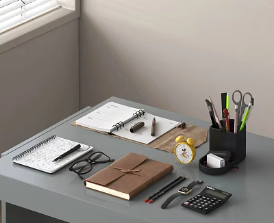 Organized Desk With Folder Notebook Pens Scissors Alarm Clock Calculator And Glasses 3d model