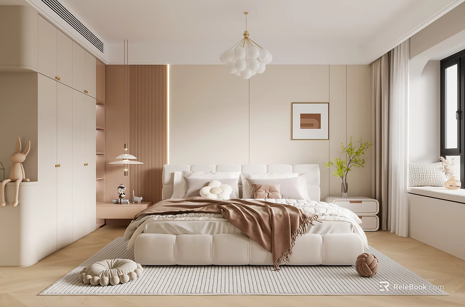 Elegant Modern Bedroom Interior With White Bed Pillows Throw Blanket And Pendant Light 3d model 
