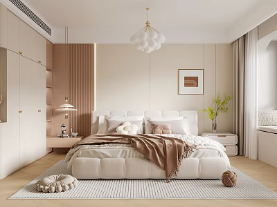 Elegant Modern Bedroom Interior With White Bed Pillows Throw Blanket And Pendant Light 3d model
