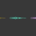 Three Different Colored Decorative Weapons With Wing Like Flame Patterns And Intricate Designs