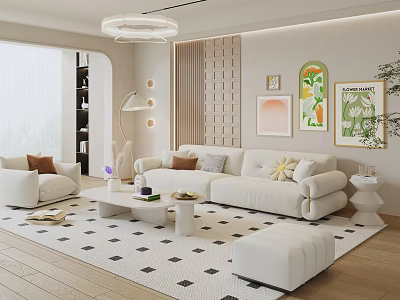 Modern Living Room Interior Design With White Sofa Armchair Coffee Table And Geometric Rug 3d model