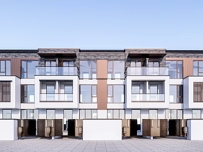 Modern Townhouse Exterior Design With Large Windows Glass Balconies And Wooden Doors 3d model
