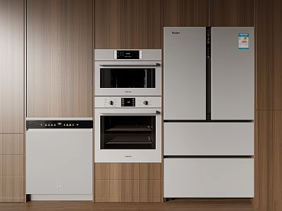 Modern Kitchen Interior With Wooden Walls And White Built In Appliances 3d model