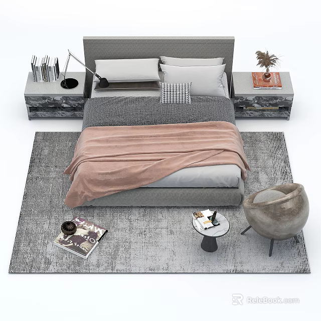 Modern Double Bed Setup With Nightstands Side Table Lamp Rug Magazines And Chair 3d model