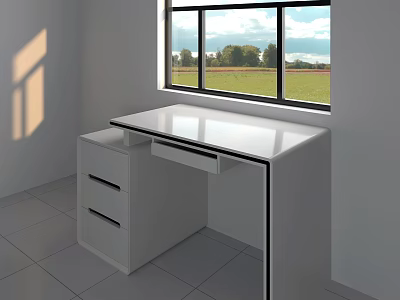 Modern White Office Desk With Drawers Near Window Bright Light And Green View 3d model
