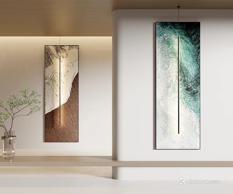Modern Interior With Two Vertical Artworks And Potted Green Plant 3d model 