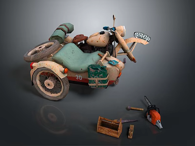 Vintage Distressed Tricycle Motorcycle With Tools Wooden Crate And Chainsaw 3d model