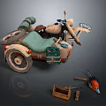 Vintage Distressed Tricycle Motorcycle With Tools Wooden Crate And Chainsaw