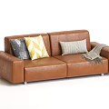 Brown Leather Two Seater Sofa With Decorative Pillows And Throw Blanket 3d model