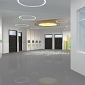 Modern Elevator Lobby With Black Doors Circular Lights And Wall Decorations 3d model