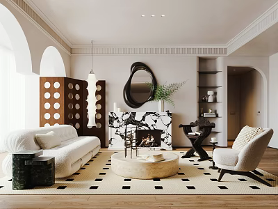 Modern Living Room Interior With White Sofa Round Coffee Table And Black White Marble Fireplace 3d model