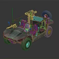 Military Style Open Frame Utility Vehicle With Large Off Road Tires And Roof Mounted Equipment