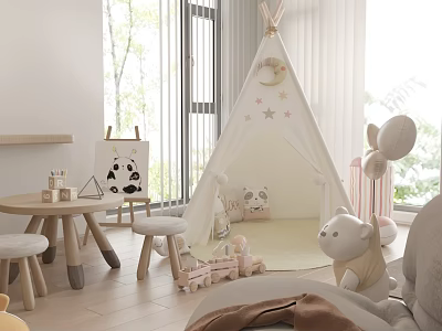 Kids Teepee Tent With Star Decor In Bright Kids Room With Toys And Small Table 3d model