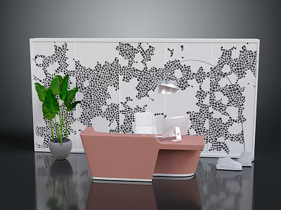 Modern Pink Reception Desk With White Partition Black Floral Pattern Green Plant Desk Lamp Computer 3d model