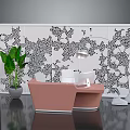 Modern Pink Reception Desk With White Partition Black Floral Pattern Green Plant Desk Lamp Computer